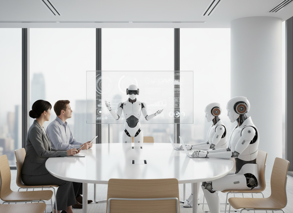 AI agent leading a meeting with executives and other agents
